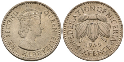 Нигерия 6 пенсов 1959 Елизавета II (1952-), Британский протекторат KM 4 медно-никель UNC 4604-844