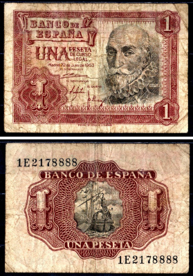 Испания 1 песета 1953 Pick 144 a бумага 7551-7-2-2