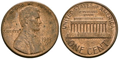 США 1 цент 1987 D, Линкольн KM 201b цинк плакированный медью 4136-326