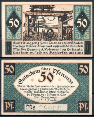 Санкт-Тёнис (Пруссия, Рейн) 50 пфеннигов 1920 Mehl Grabowski 1167.1a-4/5 бумага UNC (пресс) 7553-21-1-2
