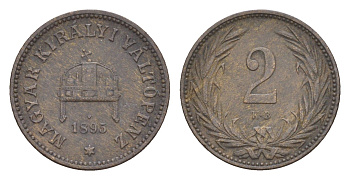 Венгрия 2 филлера 1895 KB, Франц Иосиф (1848-1916) KM 481 бронза 4651-1029