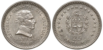 Уругвай 25 сентесимо 1960 KM 40 медно-никель 4169-958