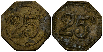 Франция 25 сантимов XIX-XX век ресторанный жетон латунь 4166-537