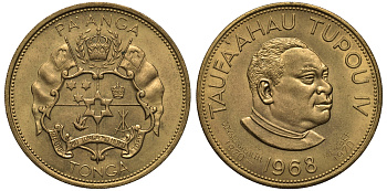 Тонга 1 паанга 1970 год 1968, ограниченный выпуск, позолота, вступление Тонги в Британское содружество, надчеканка на KM 33, король Тауфа’ахау Тупоу IV  медно-никель 00-00