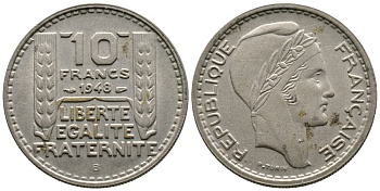 Франция 10 франков 1948 В, тип Пьер Турин KM 909.2, Le Franc 362.4 медно-никель 51-552