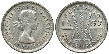 Австралия 3 пенса 1957 m, Елизавета II (1952-2022) KM 57 серебро 71-516
