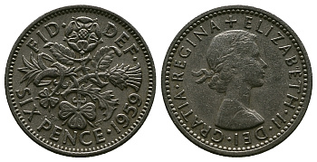 Великобритания 6 пенсов 1959 Елизавета II (1952-2022) KM 903, Spink 4149 медно-никель 4381-714