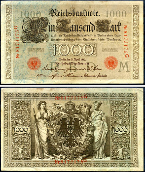 Германия 1000 марок 1910 21 апреля 1910, красная печать, номер семизначный, серия G, буква M, выпуск АПРЕЛЬ - ИЮЛЬ 1918 Pick 44 b бумага 2194-31-2-1
