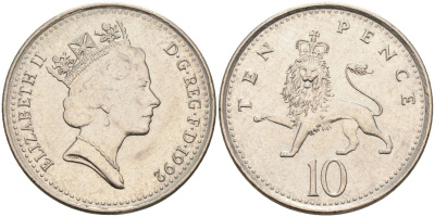 Великобритания 10 пенсов 1992 Елизавета II (1952-2022), диаметр 24,5 мм. KM 938b, Spink 4367 (F4) медно-никель 4116-815