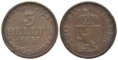 Гессен-Кассель 3 геллера 1856 KM 612 медь 186-552