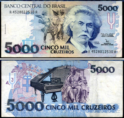 Бразилия 5000 крузейро ND (1990-1993) Карлось Гомес, музыкант, рояль Pick 232 b бумага 6317-11-2-2