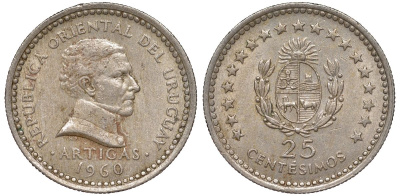 Уругвай 25 сентесимо 1960 KM 40 медно-никель 4580-833