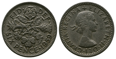 Великобритания 6 пенсов 1959 Елизавета II (1952-2022) KM 903, Spink 4149 медно-никель 4381-714