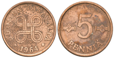 Финляндия 5 пенни 1964 KM 45 медь 4174-763