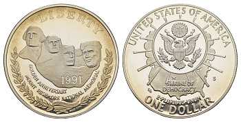 США 1 доллар 1991 S, 50 лет мемориалу президентов, гора Рашмор KM 229 серебро  PROOF  1091-10-42