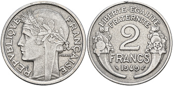 Франция 2 франка 1949  KM 886а.1 алюминий    4153-453