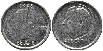 БЕЛЬГИЯ 1 ФРАНК 1995 BELGIE KM 188 сталь плакированная никелем 99-1248