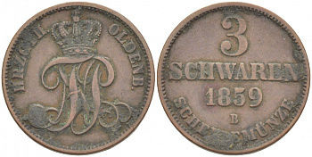 Ольденбург 3 шварена 1859 B KM 191 медь 77-137