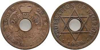 Нигерия 1 пенни 1959 Елизавета II (1952-), Британский протекторат KM 2 бронза 51-222