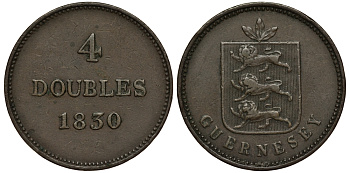 Гернси 4 дабла (дубля) 1830 KM 2 медь 650-432