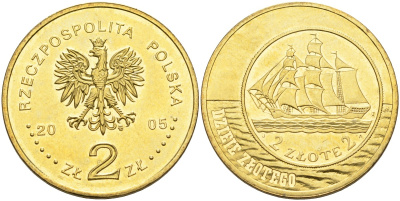 Польша 2 злотых 2005 MW, история польского злотого, парусник KM 521, Parchimowicz 951 латунь 00-00
