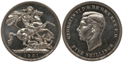 Великобритания 5 шиллингов = 1 крона 1951 Георг VI (1936-1952), фестиваль Британии, Георгий Победоносец KM 880, Spink 4111 медно-никель Prooflike 1078-5-43