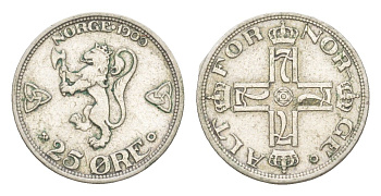 Норвегия 25 эре 1909 Хокон VII (1905-1957) KM 373 серебро 603-744