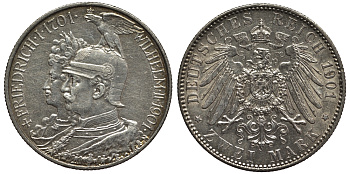 Пруссия 2 марки 1901 A, 200 лет Прусской королевской династии (Фридрих I - Вильгельм II) J.105, Weege 105, KM 525 серебро 02-014-43