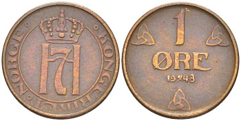 НОРВЕГИЯ 1 ЭРЕ 1948 ХОКОН VII (1905-1957) KM 367 бронза 211-531
