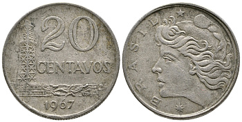 Бразилия 20 сентаво 1967 голова Свободы влево KM 579.1, Schon 84 медно-никель 93-1125