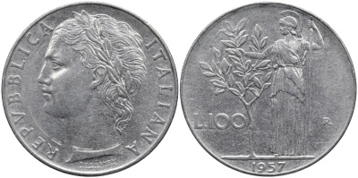 Италия 100 лир 1957 R, Афина в доспехах KM 96.1 нержавеющая сталь 4165-136