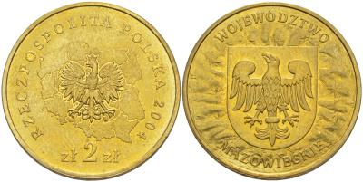 Польша 2 злотых 2004 серия польские регионы, Мазовецкое воеводство KM 489 нордик UNC 63-231