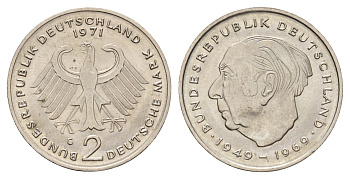 ФРГ 2 марки 1971 G, Теодор Хойс KM A127, J. 407 медно-никель UNC 3459-957