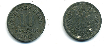 ГЕРМАНИЯ 10 ПФЕННИГОВ 1918 KM 26, J. 299 цинк 54-469