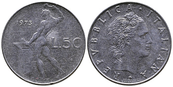 ИТАЛИЯ 50 ЛИР 1973 R, КУЗНЕЦ KM 95.1 сталь 3333-826