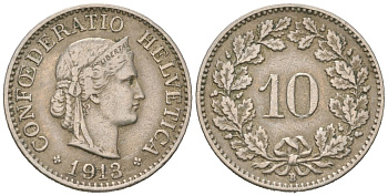Швейцария 10 раппенов 1913 B KM 27 медно-никель 4169-652
