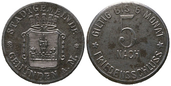Гемюнден-на-Майне (Федеральная земля Бавария) 5 пфеннигов ND Funck 155.1A, Men18 11031.1 железо aUNC 4596-1218