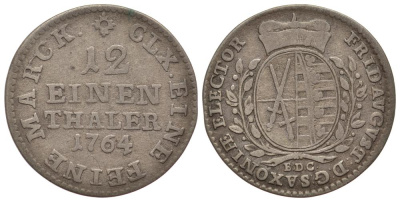 Саксония, Альбертинская линия 1/12 талера 1764 E.D.C. Фридрих Август III (1763-1806) KM 956 (C 100), Buck 103, Slg. Merseburger 2009 серебро 413-5625