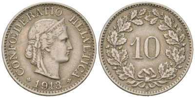 Швейцария 10 раппенов 1913 B KM 27 медно-никель 4169-652