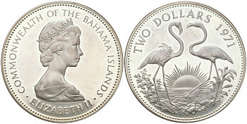 Багамские острова 2 доллара 1971 Екатерина II (1952-2022), фламинго KM 23 серебро  PROOF  11-078-32