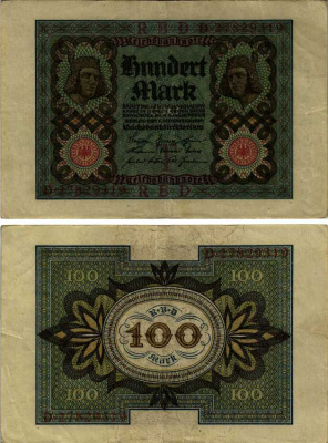 Германия 100 марок 1920 Бамбергский всадник, 8 цифр в номере, серия D, буква I Pick 69 b, Розенберг 69b бумага 444-151-2