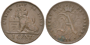 Бельгия 1 сантим 1914 DES BELGES, Альберт I (1909-1934) KM 76 медь 4617-536