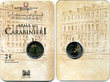 Италия 2 евро 2014 200 лет основания карабинеров, запайка, пластик, буклет KM 367 биметалл BUNC 3-4-8-49