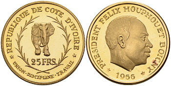 Берег Слоновой Кости 25 франков 1966 Президент Феликс Уфуэ-Буаньи, слон КМ 3 золото PROOF 00-000-00