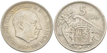 ИСПАНИЯ 5 ПЕСЕТ 1957 (62) ФРАНСИСКО ФРАНКО ДИКТАТОР ИСПАНИИ (1939-1975) KM 786 медно-никель 210-1116