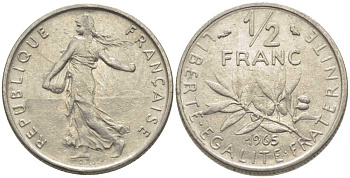 Франция 1/2 франка 1965 сеятель KM 931, Le Franc 198.3 никель 175-925