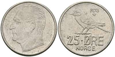 Норвегия 25 эре 1973 Улаф V (1958-1991), синица KM 407 медно-никель 84-1553