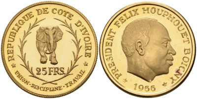 Берег Слоновой Кости 25 франков 1966 Президент Феликс Уфуэ-Буаньи, слон КМ 3 золото PROOF 00-000-00