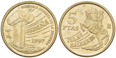 Испания 5 песет 1997 Хуан Карлос I (1975-2014), Балеарские острова, всадник KM 981 алюминиевая бронза 4181-1123