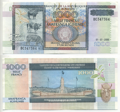 БУРУНДИ 1000 ФРАНКОВ 2000 Pick 39c бумага 6278-25-1